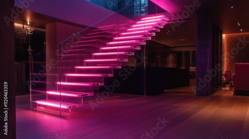 Floating L-shaped neon staircase in a luxury suite, with elegant hardwood flooring and tempered glass balustrades