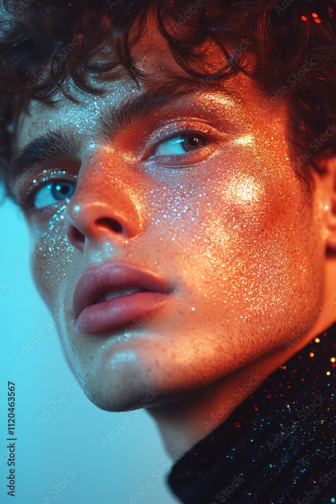 Close-up portrait of a young male model with glitter makeup, showcasing a trendy and glamorous look for a fashion or beauty campaign Close-up portrait of a young male model with glitter makeup, showcasing a trendy and glamorous look for a fashion or beauty campaign