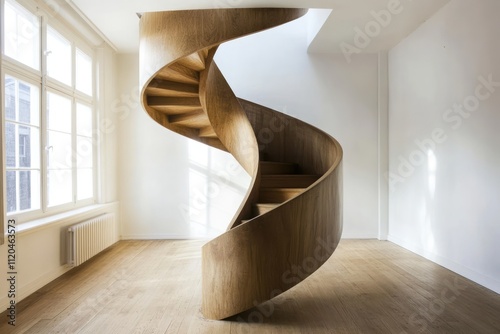 Modern spiral staircase made of wood, bathed in sunlight, creating a clean and minimal aesthetic