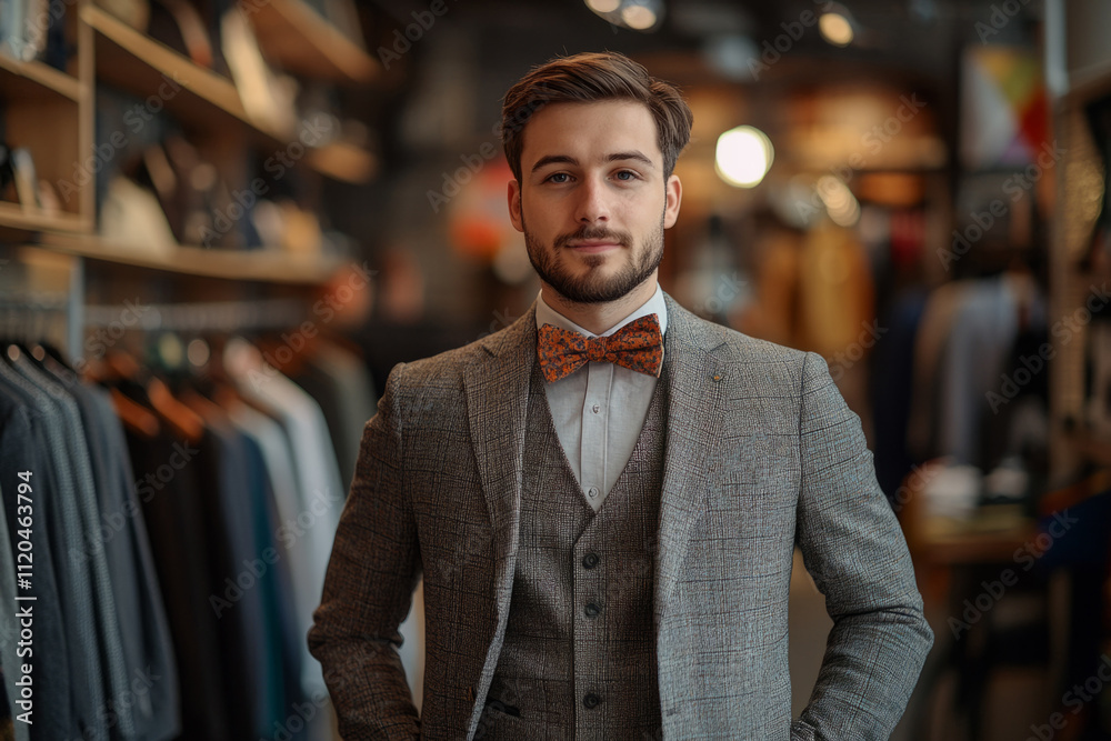 Portrait of young shop assistant wearing suit and bow tie posing in clothing store Portrait of young shop assistant wearing suit and bow tie posing in clothing store