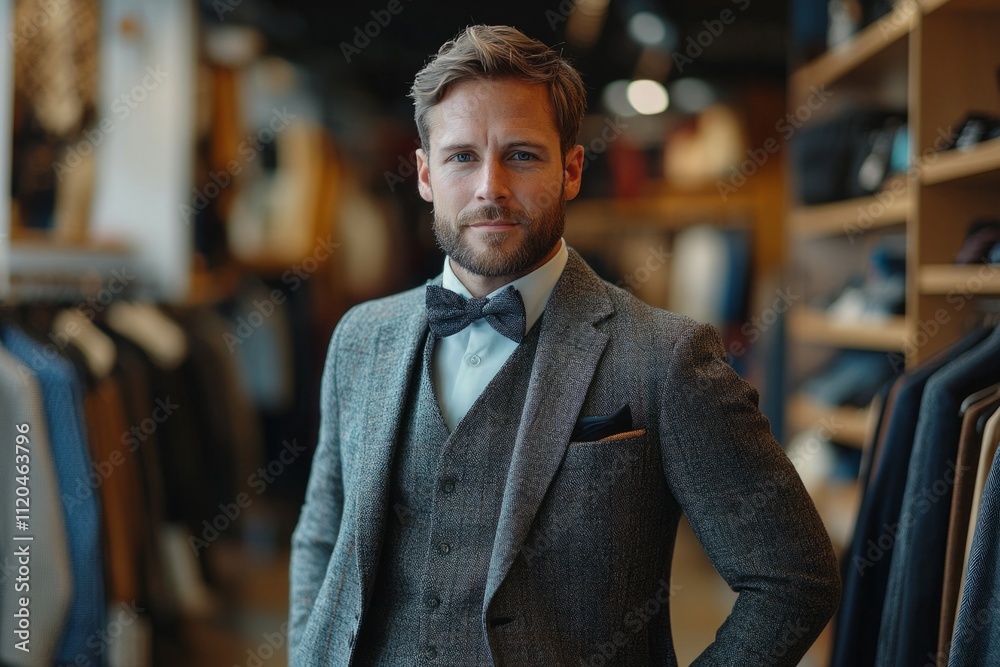 Portrait of a confident shop assistant wearing an elegant grey suit and bow tie, standing in a clothing store Portrait of a confident shop assistant wearing an elegant grey suit and bow tie, standing in a clothing store
