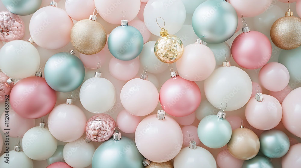 Festive pastel baubles arranged against a whimsical balloon wallpaper backdrop, evoking nostalgia and merriment for the holiday season. Festive pastel baubles arranged against a whimsical balloon wallpaper backdrop, evoking nostalgia and merriment for the holiday season.