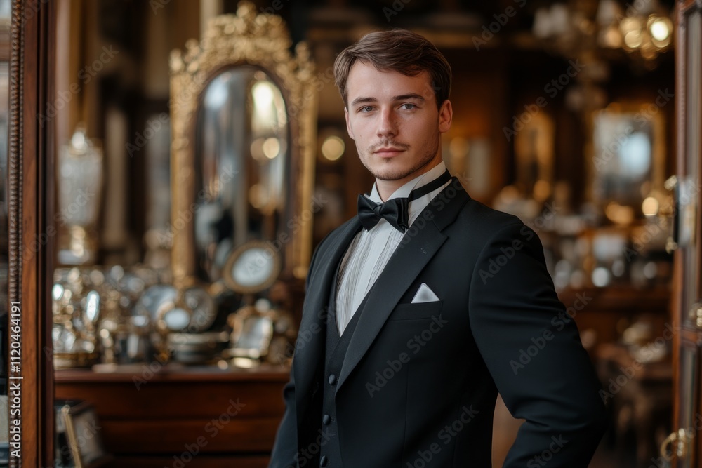 Young businessman wearing elegant tuxedo posing in luxurious antique shop Young businessman wearing elegant tuxedo posing in luxurious antique shop