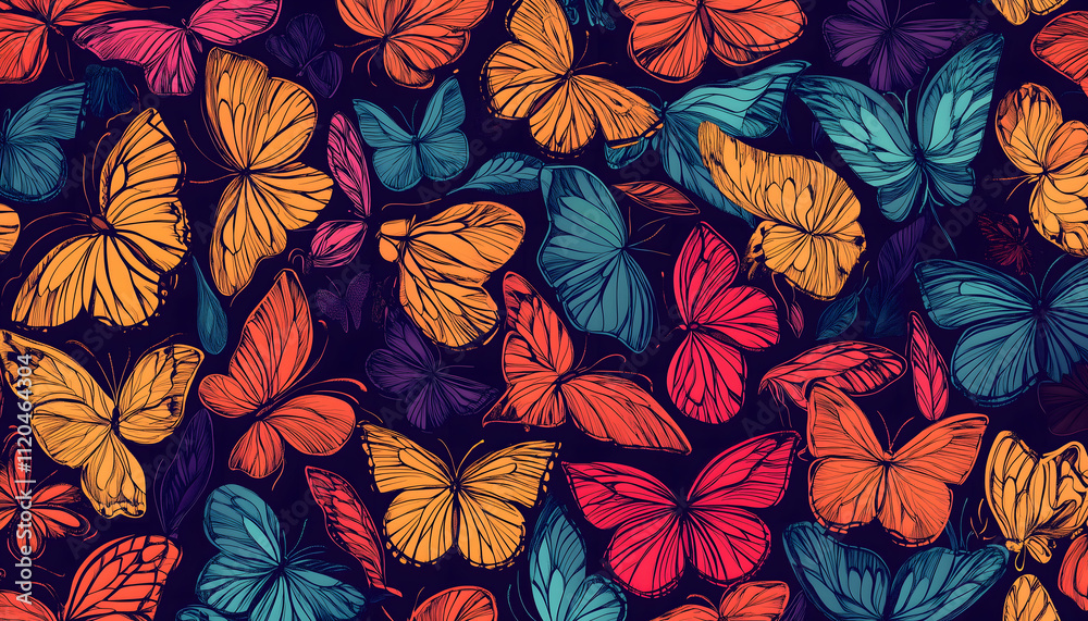A seamless and artistic illustration of butterflies in various vibrant colors A seamless and artistic illustration of butterflies in various vibrant colors