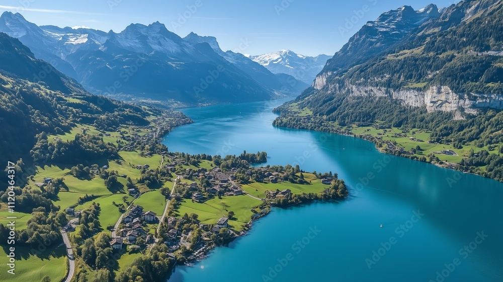 Scenic view of a tranquil lake surrounded by mountains in Switzerland during a sunny day Scenic view of a tranquil lake surrounded by mountains in Switzerland during a sunny day