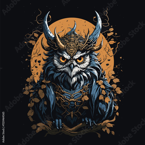 Intricate Blue Owl with Mystical Horns and Golden Aura Vector