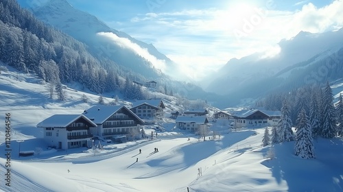 Snow-covered village nestled in the mountains during a bright winter afternoon photo