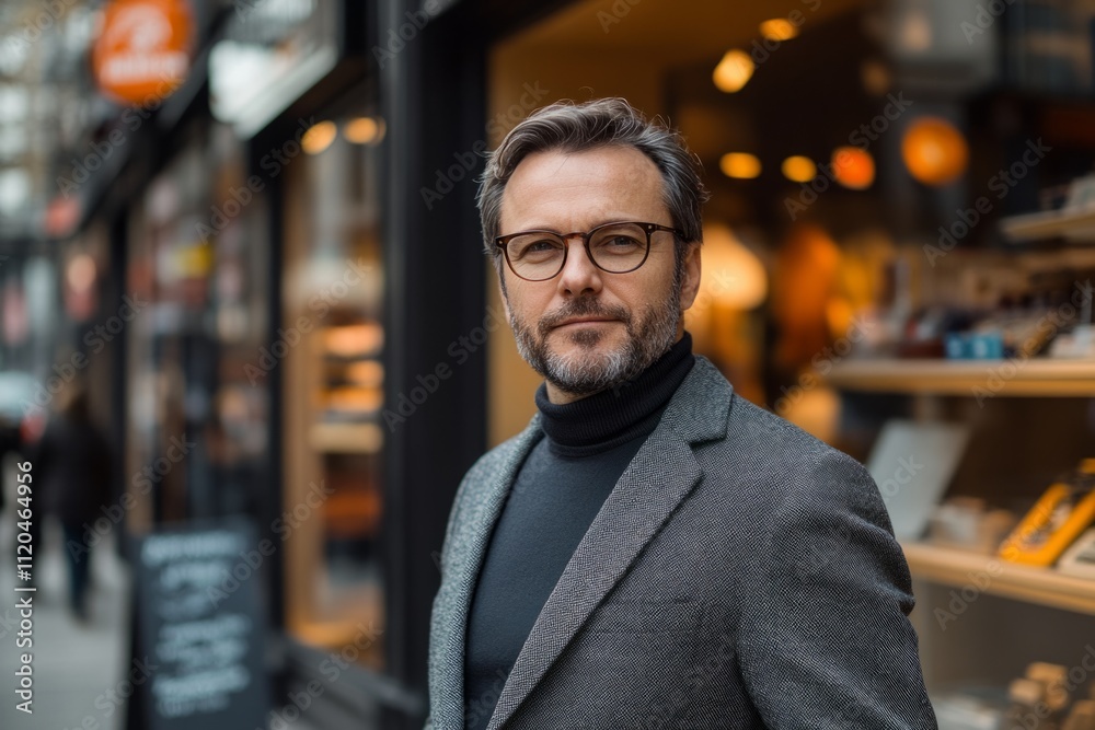 Obraz premium Portrait of a confident businessman standing outside his store in city center