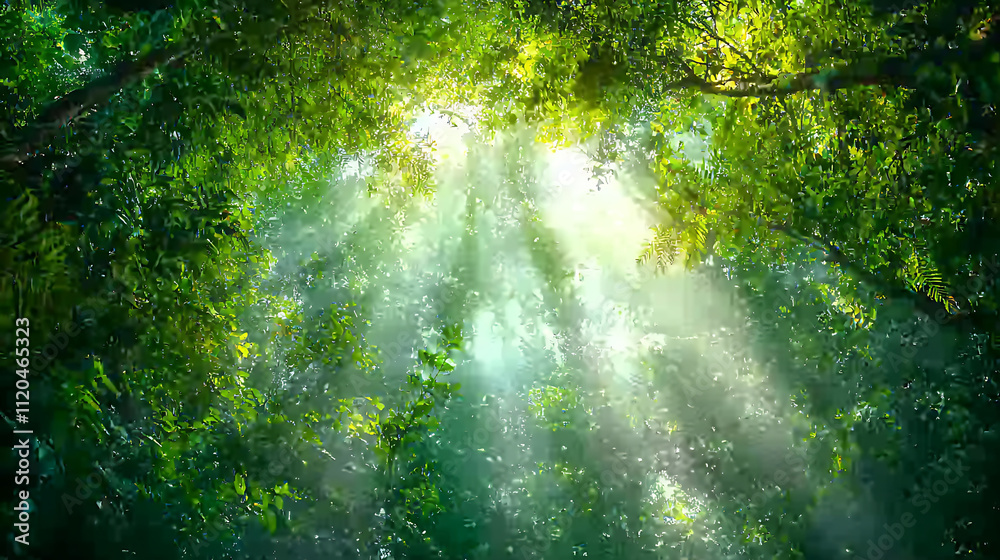 Fototapeta premium Lush rainforest canopy with sunlight filtering through vibrant green leaves, creating serene and tranquil atmosphere. Nature beauty shines in this peaceful setting