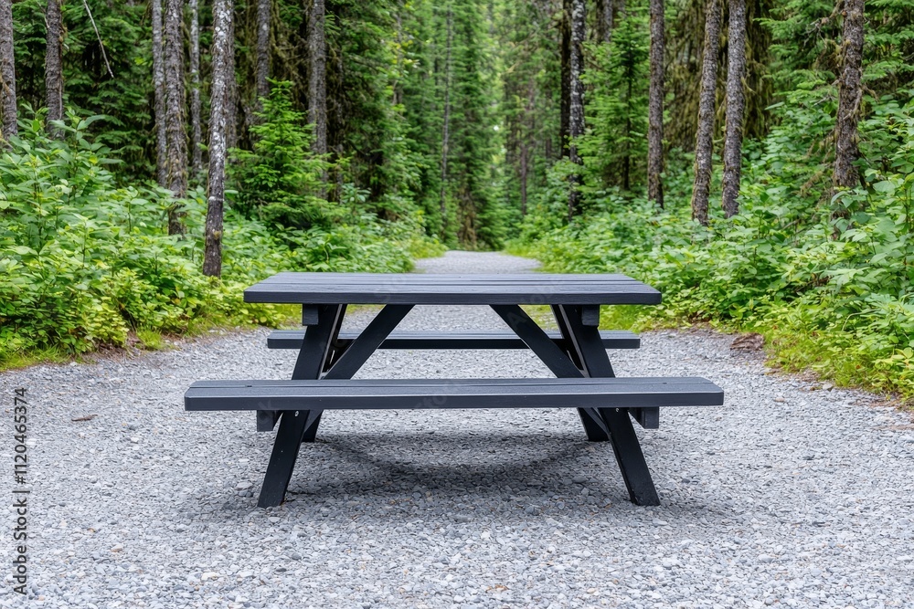 A picnic table and BBQ grill at a wooded campsite in Oregon. A picnic table and BBQ grill at a wooded campsite in Oregon.