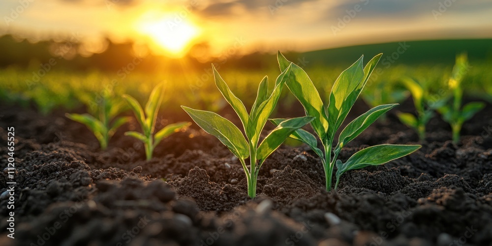 Young Green Plants Emerging From Dark Soil at Sunset Young Green Plants Emerging From Dark Soil at Sunset