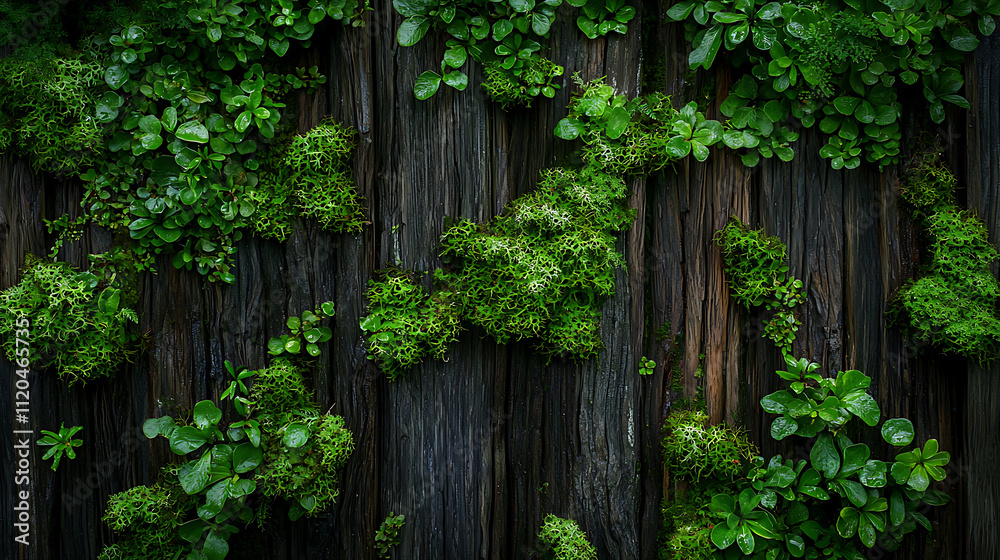 Lush green moss and vibrant plants cover textured tree bark in humid environment, creating serene and natural atmosphere Lush green moss and vibrant plants cover textured tree bark in humid environment, creating serene and natural atmosphere