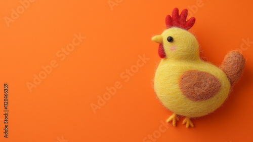  An orange, brown, and yellow crafted felt chicken lying flat on an orange background, showcasing its detailed handmade design, with ample copy space ideal for banners or web designs.