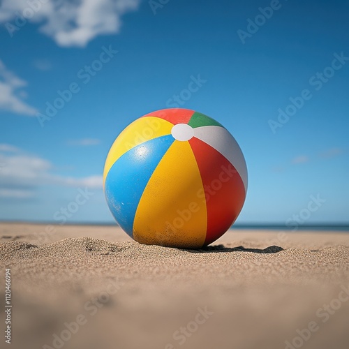 A vibrant beach ball rests on soft sand, set against a clear blue sky, This image is perfect for summer-themed projects, beach promotions, or anything related to leisure and fun, photo