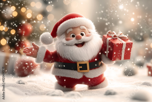 Playful Christmas 3d Cartoon Santa Wallpaper with Christmas tree and ornaments, with falling snow, for a Christmas card or backdrop