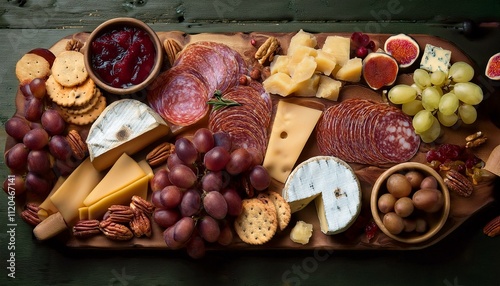 Gourmet charcuterie board featuring assorted meats, cheeses, fruits, and crackers arranged on a wooden table. Generative AI