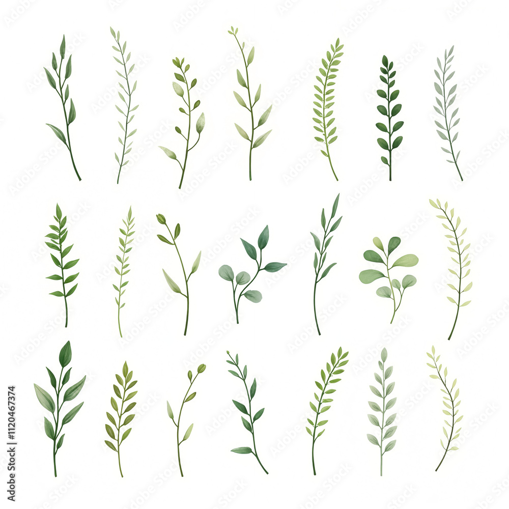 The image shows collections of plants. They are made in the same style, differ in simple lines and monochrome colors. The color palette includes shades of green with a yellowish-green base. The image shows collections of plants. They are made in the same style, differ in simple lines and monochrome colors. The color palette includes shades of green with a yellowish-green base.