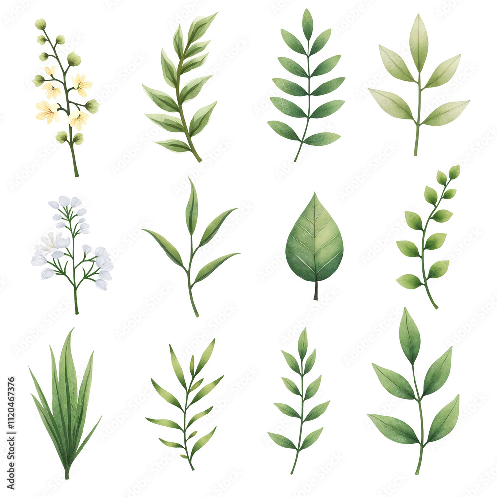 Fototapeta premium The image shows collections of plants. They are made in the same style, differ in simple lines and monochrome colors. The color palette includes shades of green with a yellowish-green base.