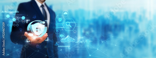 Cybersecurity: Businessman holding security shield icon. Digital technology era of future. Protective technology of deep learning, data privacy, risk management, threat detection concept.