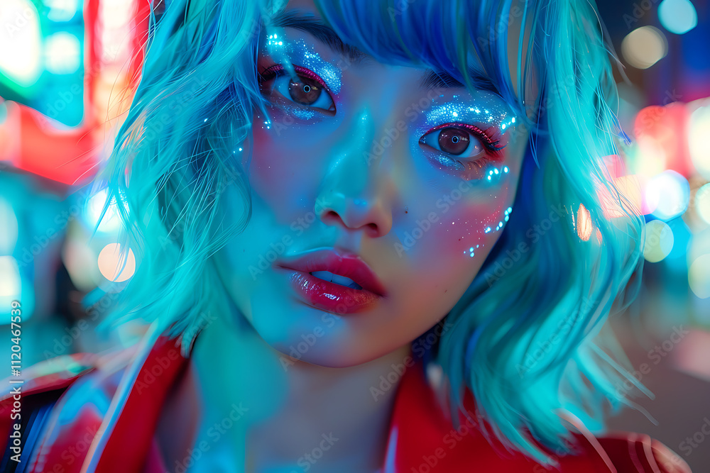 Obraz premium cityscape fashion inspiration, a burst of colors in a close-up shot of a woman with shoulder-length azure hair, white eyeliner, and fuchsia lip balm her bold red leather jacket exudes confidence