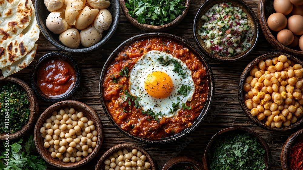 An array of international breakfast foods, with pastries, fruits, eggs, and traditional meals from different cultures, displayed on a rustic table. An array of international breakfast foods, with pastries, fruits, eggs, and traditional meals from different cultures, displayed on a rustic table.