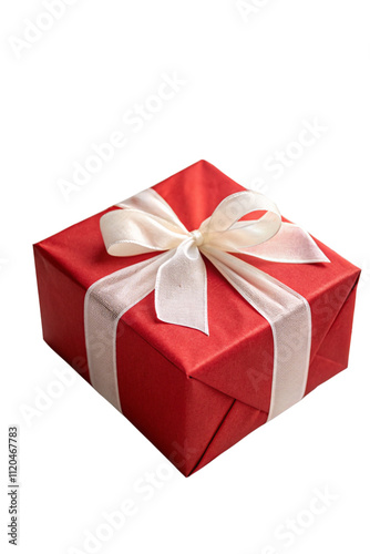 Red gift box with ribbon and bow isolated on white background