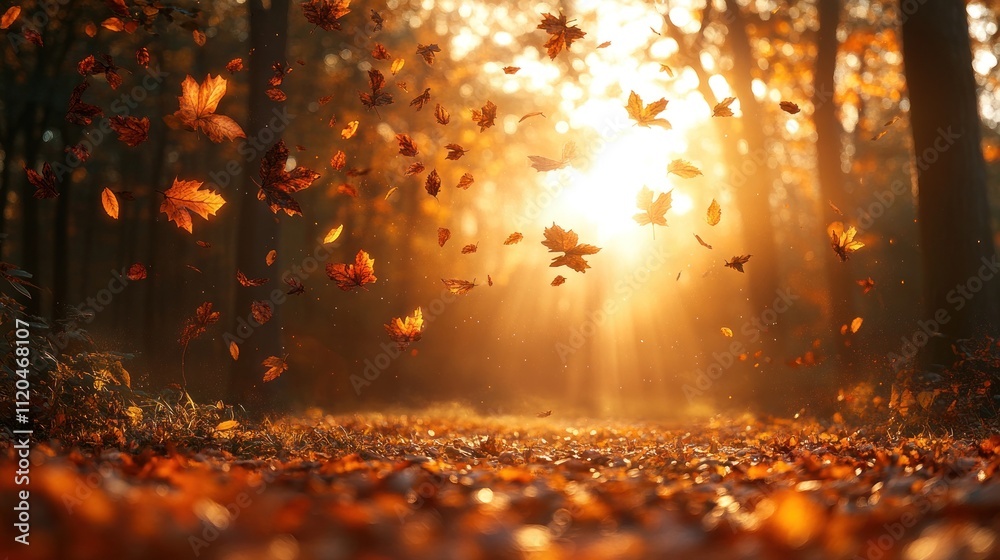 Golden autumn sunset in forest with falling leaves. Golden autumn sunset in forest with falling leaves.