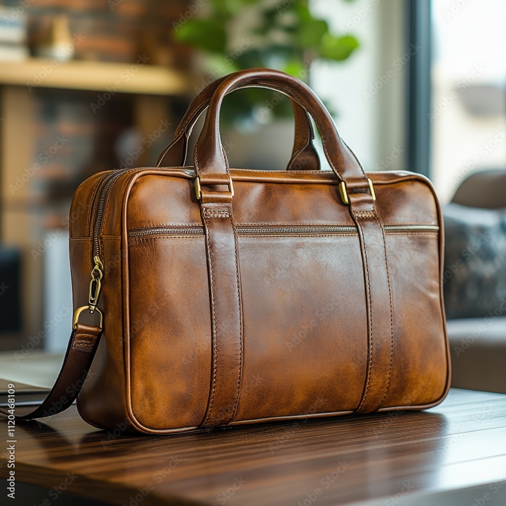 A stylish brown leather bag is placed on a wooden desk, showcasing its sleek design, Ideal for use in lifestyle blogs, fashion advertisements, or to represent modern business aesthetics, A stylish brown leather bag is placed on a wooden desk, showcasing its sleek design, Ideal for use in lifestyle blogs, fashion advertisements, or to represent modern business aesthetics,