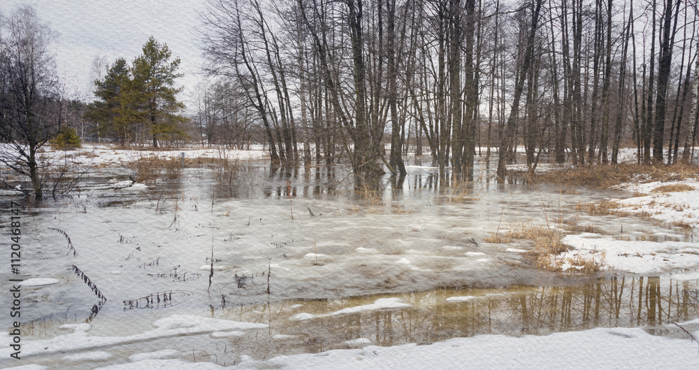Obraz premium Snowy field with a body of water in the middle