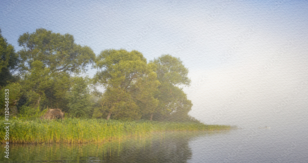 Foggy morning with trees and a lake Foggy morning with trees and a lake