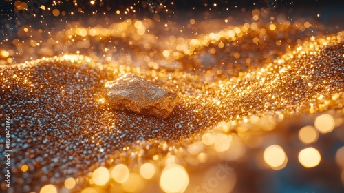 Golden nugget rests on glittering sand. photo