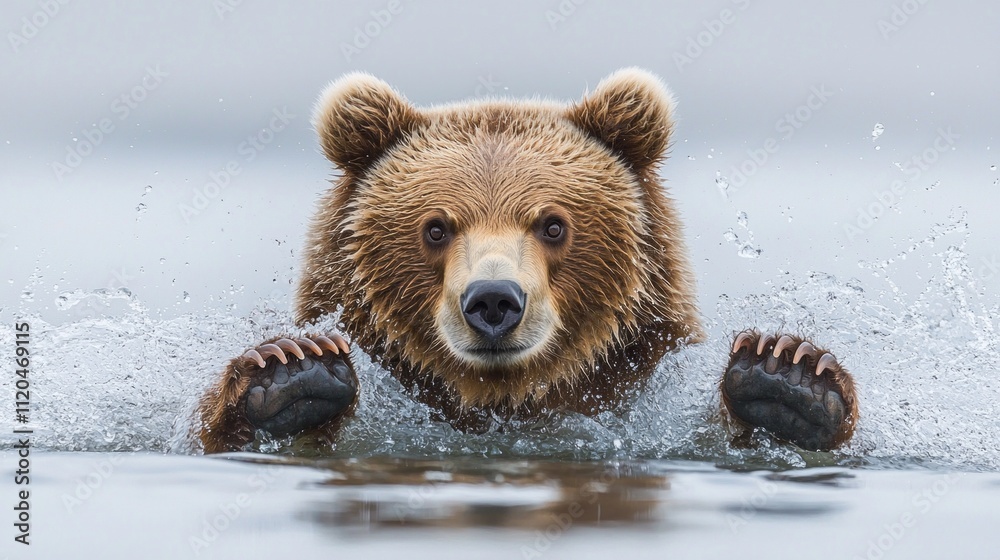 Obraz premium Emerging from the calm waters, a brown bear showcases its powerful presence as it swims with purpose, surrounded by the tranquil beauty of Finland's wilderness at dusk