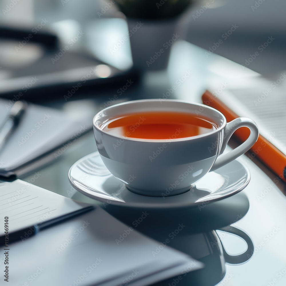 A ceramic cup of tea rests on a saucer amidst a modern workspace, featuring notebooks and pens, ideal for themes of relaxation, productivity, or creative inspiration in office settings, A ceramic cup of tea rests on a saucer amidst a modern workspace, featuring notebooks and pens, ideal for themes of relaxation, productivity, or creative inspiration in office settings,