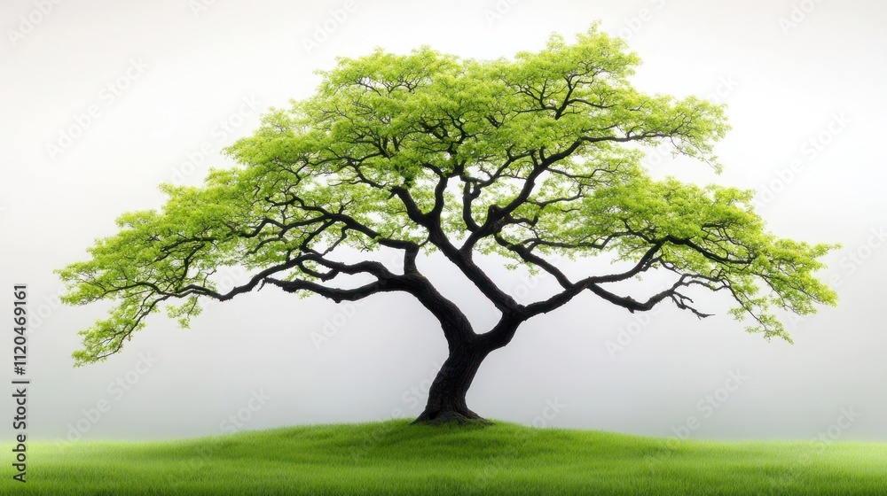 A solitary tree with lush green leaves on a gentle hill. A solitary tree with lush green leaves on a gentle hill.