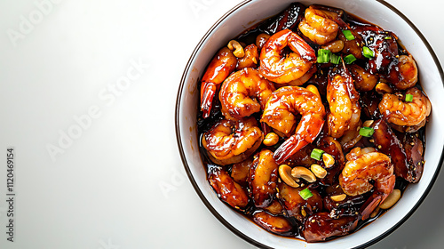 Delicious Chinese kung pao shrimp with peanuts in savory sauce, served in bowl. This dish is perfect for seafood lovers and adds flavorful touch to any meal