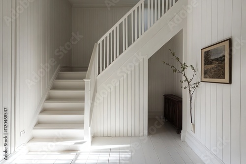 Renovated Edwardian home featuring a beautifully painted white wooden staircase with simple vertical slats