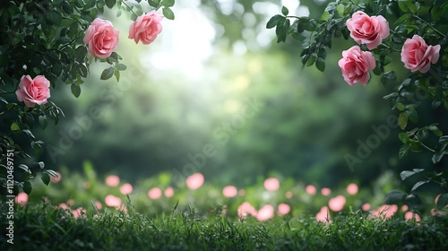 A serene garden scene with blooming pink roses and a soft, blurred background.