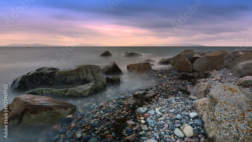 Obraz na płótnie Beautiful coastal landscape sunset scenery, rocky beach, Salthill at Galway, Ireland, nature background w salonie
