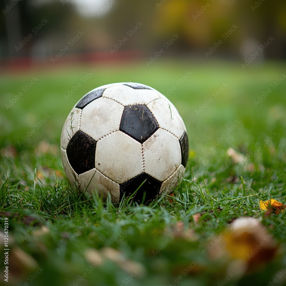Fototapeta premium A close-up of a weathered soccer ball resting on grass, symbolizing outdoor sports and playfulness, ideal for articles on sports, youth activities, or promotional materials for soccer events,
