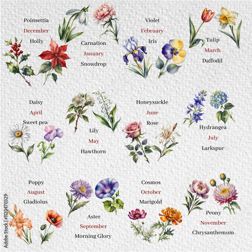 birth month flower, flower set, flower of the month of the year, Poinsettia, Violet, Holly, Carnation, Iris, Tulip,  Snowdrop, Daffodil, Daisy, Honeysuckle, Hydrangea, Larkspur, Poppy, Gladiolus