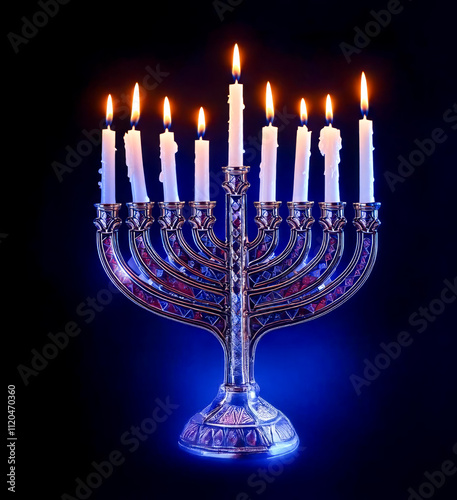 shimmering silver modern menorah with nine glowing white candles photo