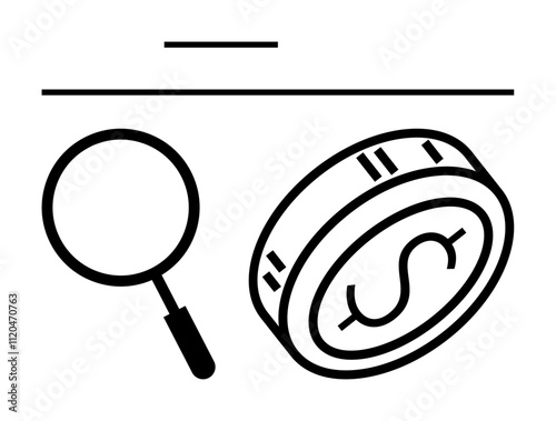 Magnifying glass next to a dollar coin, horizontal lines above. Ideal for financial analysis, investment, savings, budget, wealth growth, economic study business strategies. Line metaphor