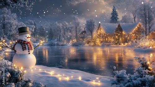 snowman on the edge of an icy lake