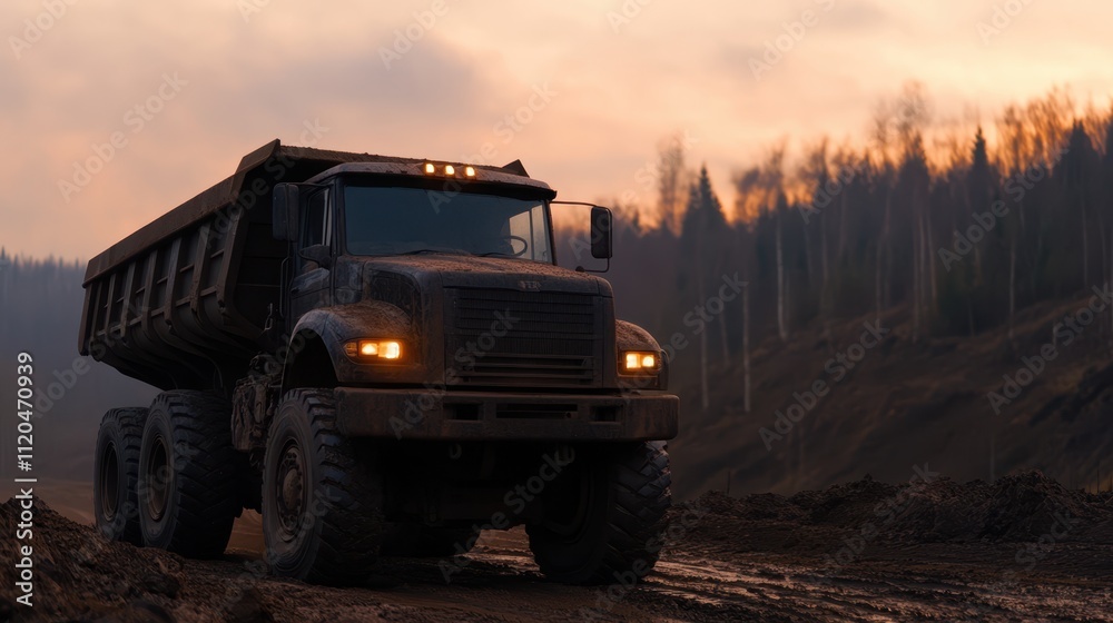 A rugged dump truck is parked on a construction site at sunset, showcasing its dirt-covered exterior against a scenic backdrop, This image is ideal for construction, heavy machinery A rugged dump truck is parked on a construction site at sunset, showcasing its dirt-covered exterior against a scenic backdrop, This image is ideal for construction, heavy machinery