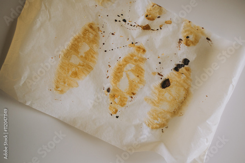 Baking parchment with croissant marks. The grease stains and paper texture create an authentic image of the baking process. Ideal material for visualizing cooking, home baking and gastronomic aestheti photo