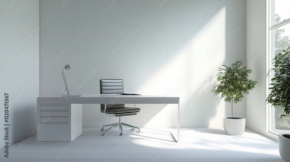 Minimalist White Office Room 3D Render with Natural Light and Plants