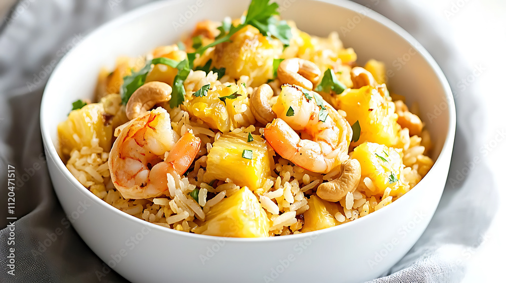 Thai pineapple fried rice with cashews and shrimp is flavorful dish. combination of sweet pineapple, tender shrimp, and crunchy cashews creates delightful meal Thai pineapple fried rice with cashews and shrimp is flavorful dish. combination of sweet pineapple, tender shrimp, and crunchy cashews creates delightful meal