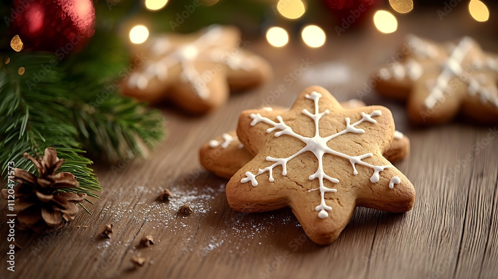 Gingerbread cookies on a wooden table with Christmas market lights in the background, creating a holiday baking scene. Gingerbread cookies on a wooden table with Christmas market lights in the background, creating a holiday baking scene.