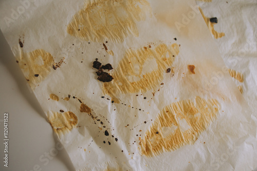 Baking parchment with croissant marks. The grease stains and paper texture create an authentic image of the baking process. Ideal material for visualizing cooking, home baking and gastronomic aestheti