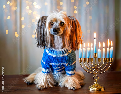 cute Chinese Crested dog in cozy sweater beside lit menorah, Hanukkah warmth and love photo